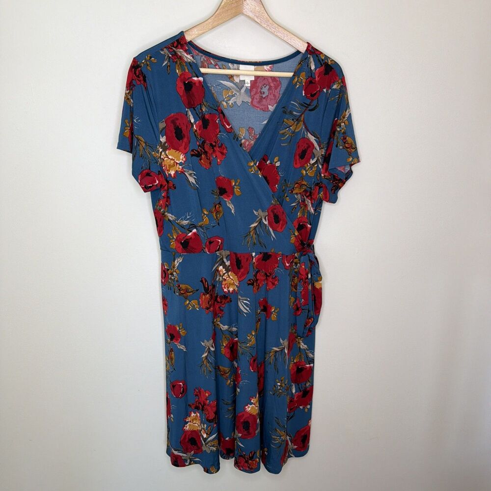 Kaileigh XXL Floral Multi-Color Short Sleeve Jersey Faux Wrap Bodice Tie Dress